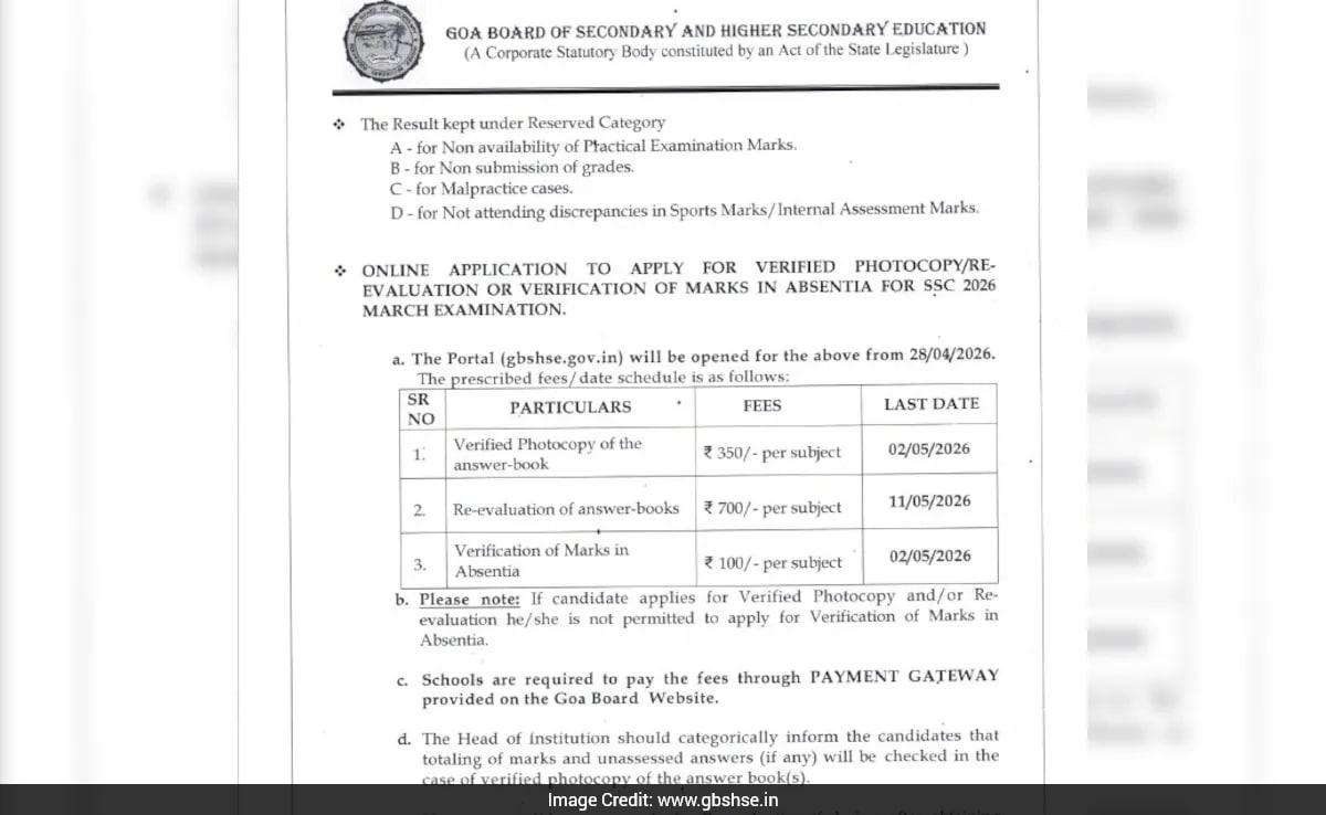 Goa SSC 2026: Re-Evaluation Process Begins From April 28; Steps To Apply Here