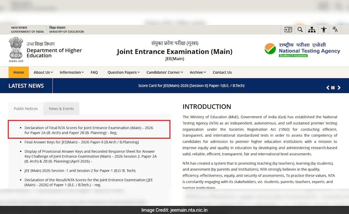JEE Main 2026 Paper 2 Result Out For B.Arch And B.Planning; Check Scorecard