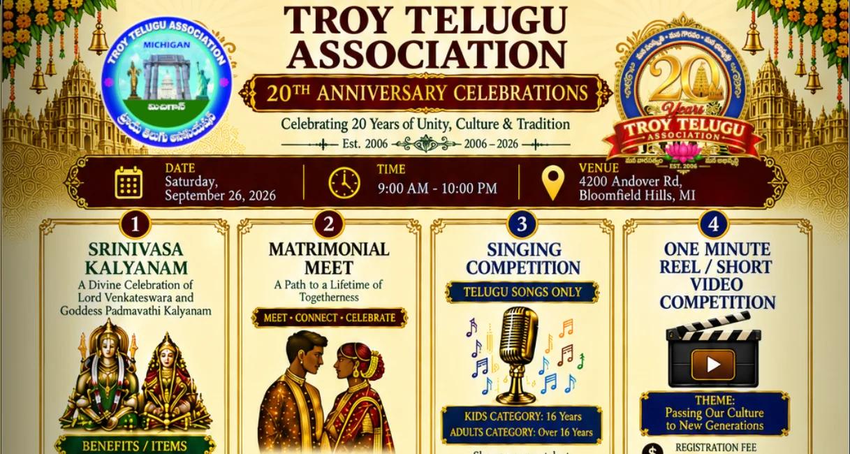 Troy Telugu Association Celebrates 20 Years of Unity, Culture and Tradition